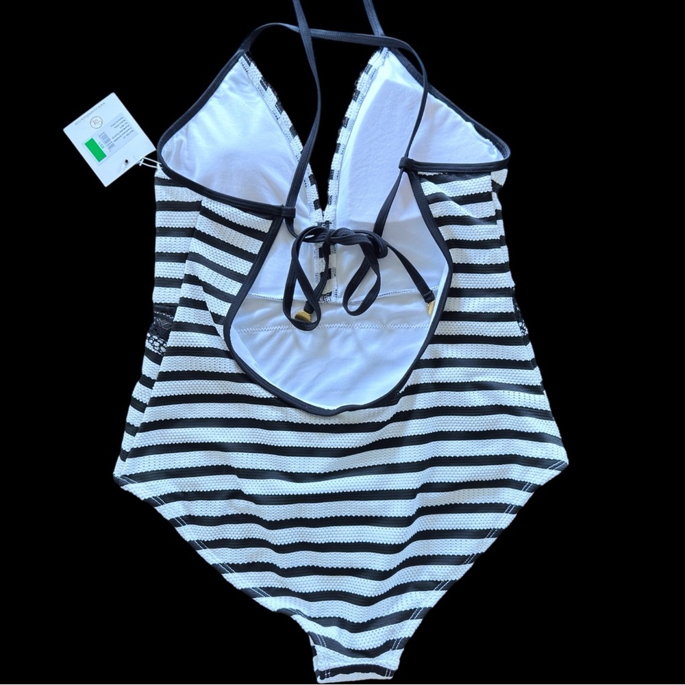 NWT Cyn & Luca White & Black Stripe Lace One Piece Bathing Suit - Picture 4 of 15